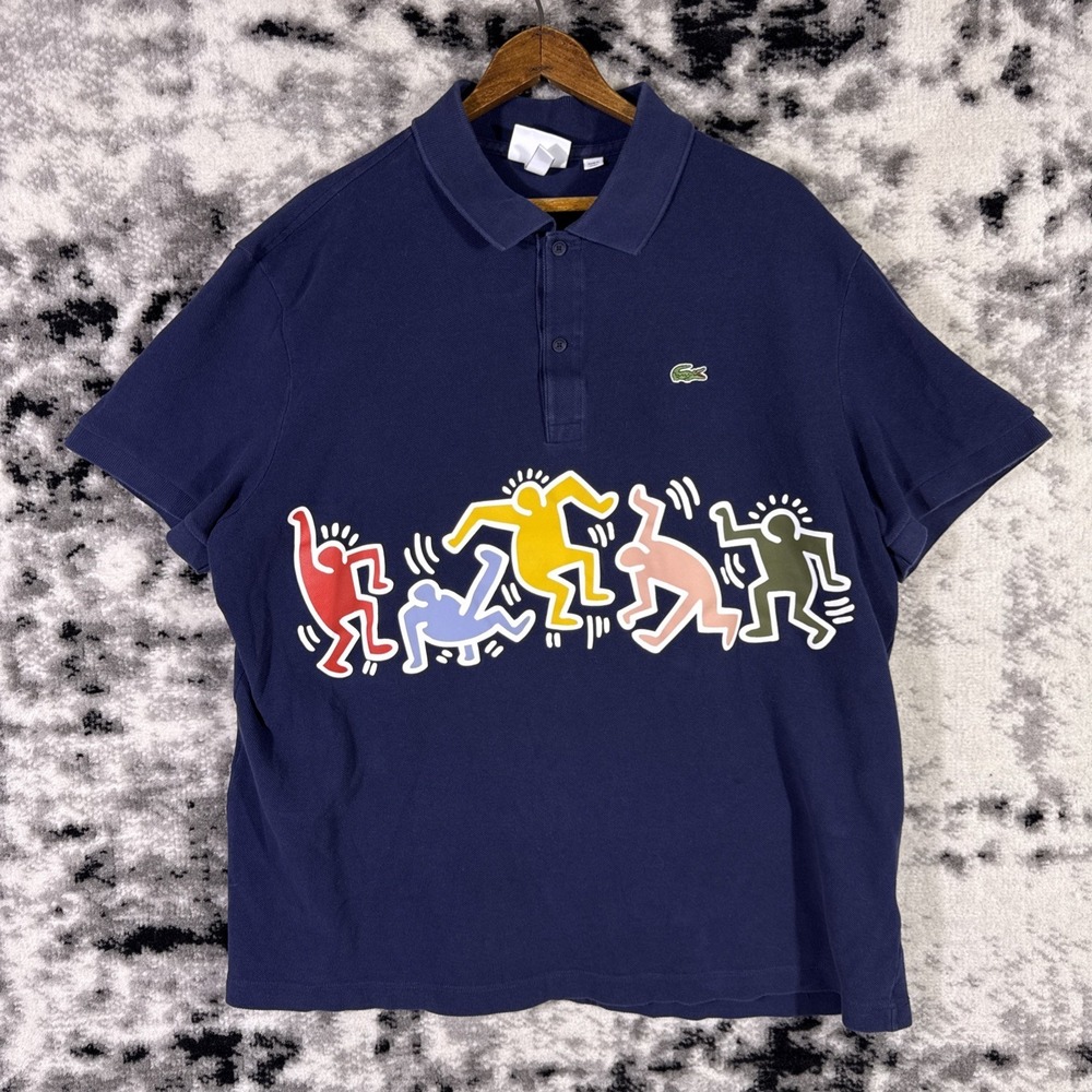 Lacoste Keith Haring Polo Shirt Mens Size XXL Navy Blue Graphic Streetwear‎ Y2k